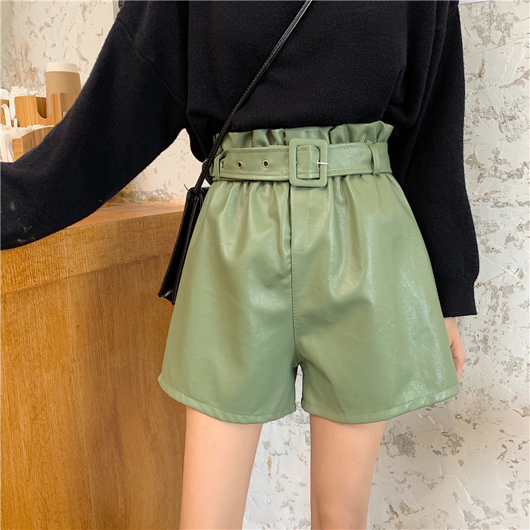 Real price autumn and winter new high waist show thin flower bud pants elastic waist loose PU leather shorts