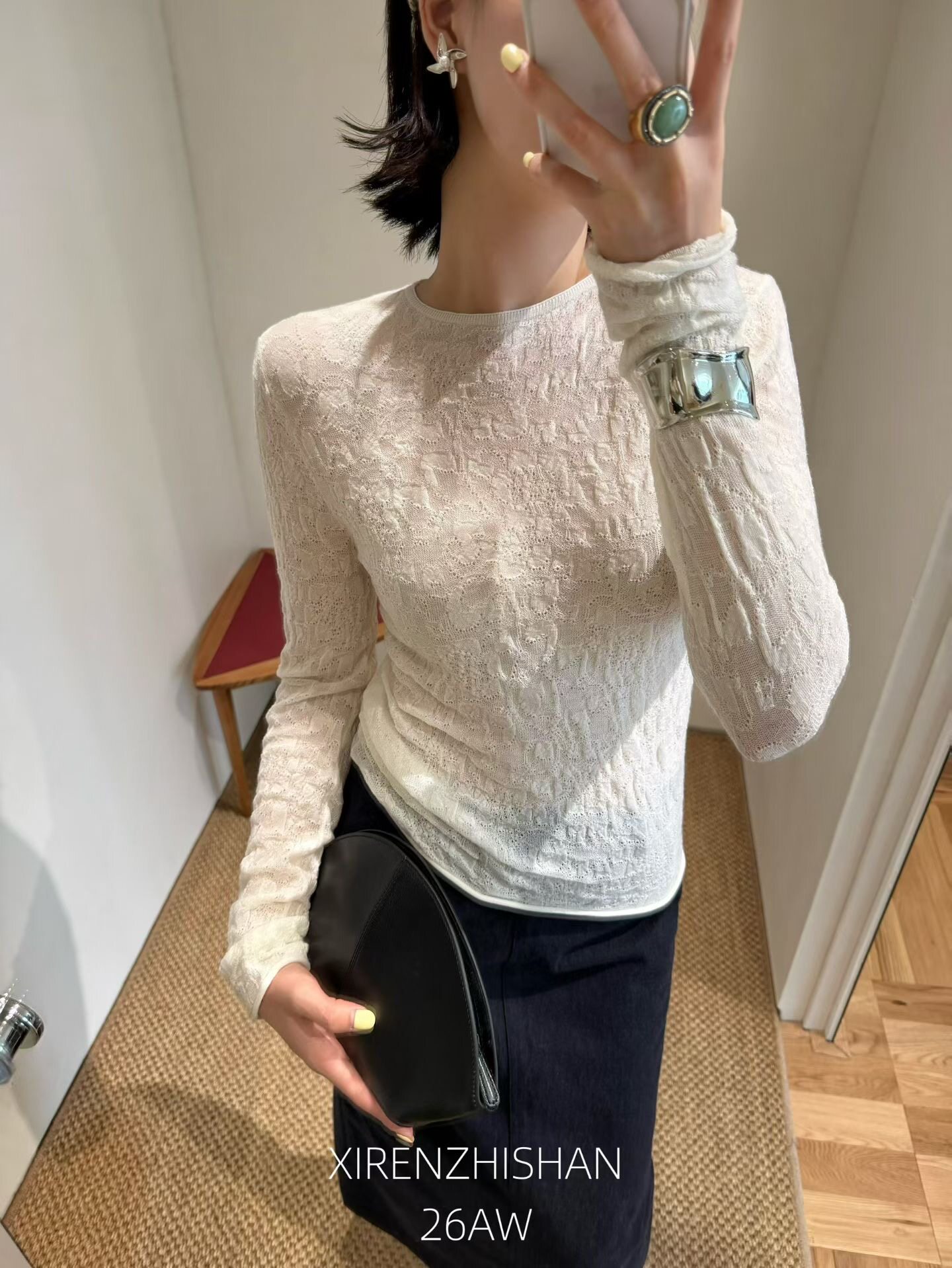 立体提花肌理扬子纱美丽诺羊毛圆领长袖T恤修身弹力打底针织衫女
