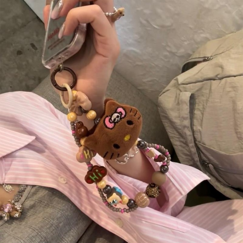 黑皮kitty链毛绒可爱hellokt猫彩珠链绳数字挂绳创意串珠挂件