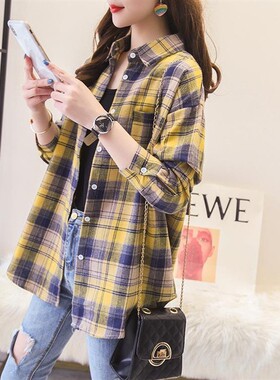 春秋磨毛格子衬衫女长袖薄款宽松衬衣复古外套中长款棉上衣