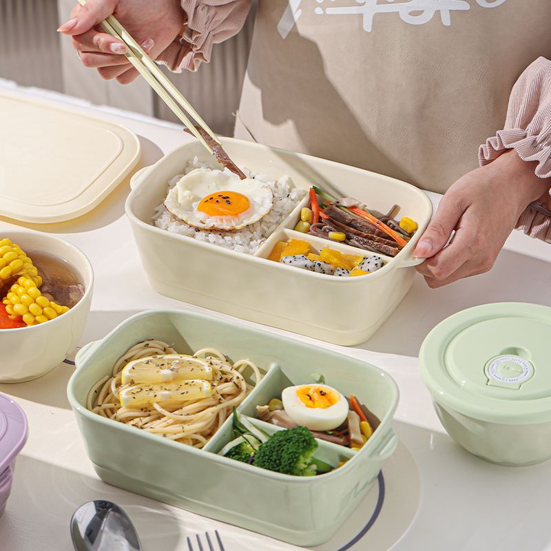 ins风陶瓷分格饭盒微波加热专用