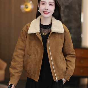 复古风羊羔毛翻领夹棉短款 加厚保暖显瘦百搭夹克外套 棉服女冬季