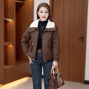 棉衣 短款 通勤风毛领派克服女加绒保暖显瘦棕色拉链外套冬季 新品