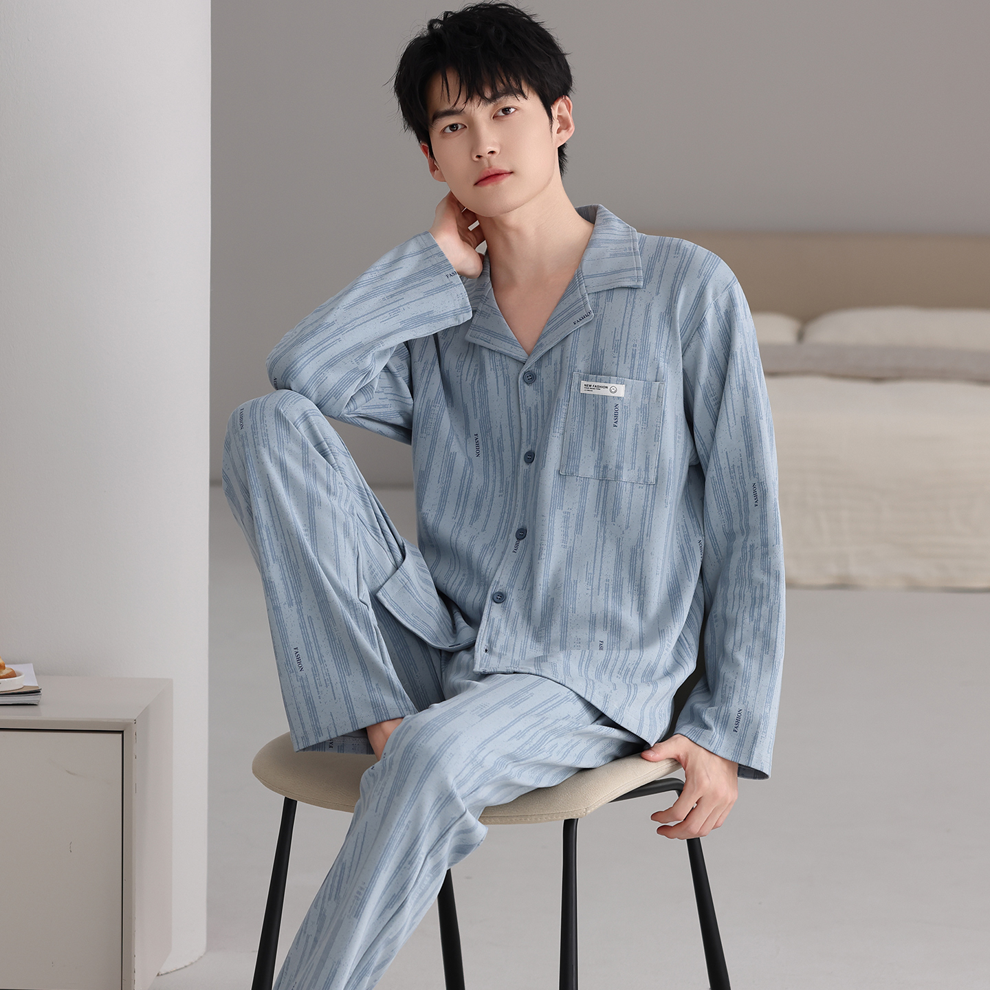 睡衣男士春秋款纯棉长袖秋季休闲特大码肥佬高级感开衫家居服套装