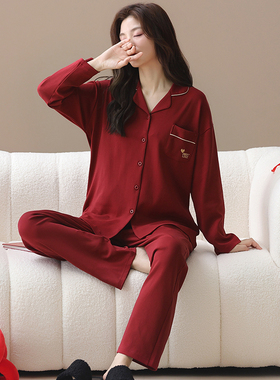 5XL莱卡棉长袖开衫睡衣女春秋特大码200斤深红色本命年高档家居服