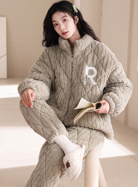 特大码睡衣女冬季珊瑚绒夹棉三层加厚胖妹妹200斤可外穿保暖套装