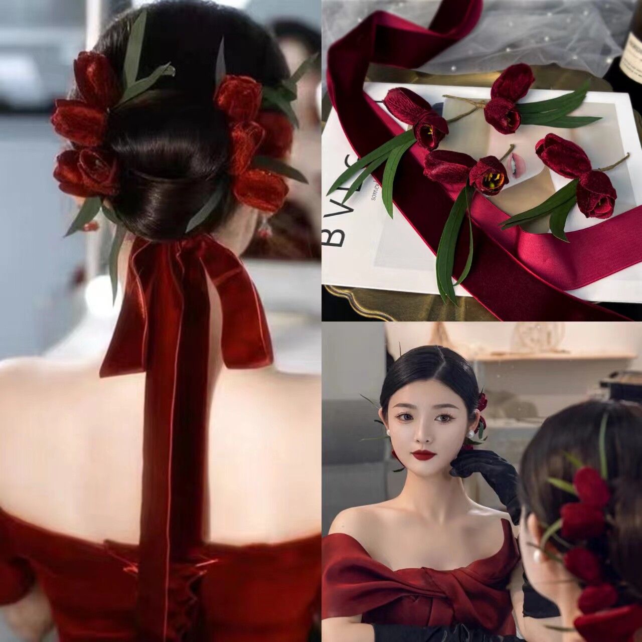 2022新款酒红色郁金香玫瑰花新娘秀和头饰森系仙美敬酒服发饰花朵