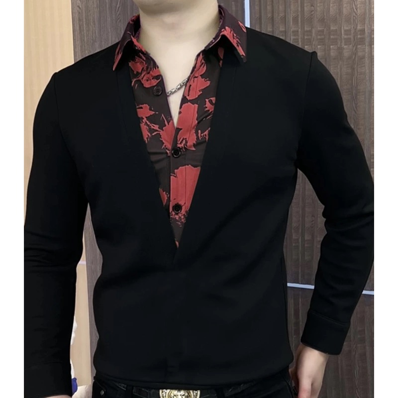 长袖衬衫假两件秋季百搭男士个性时尚修身秋韩版商务潮流轻奢网红