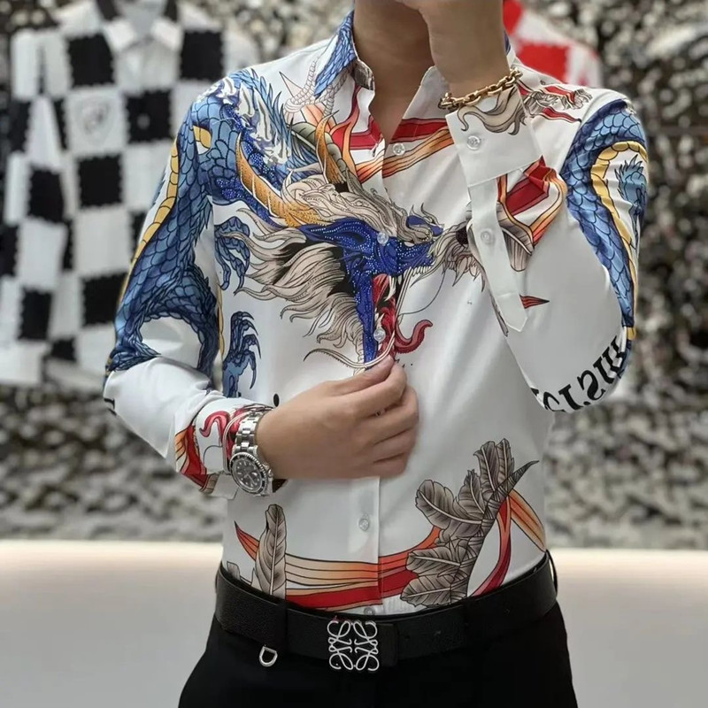 早春新款原创设计民族风男士衬衫长袖时尚国潮中国龙修身百搭衬衣