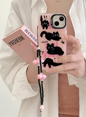 ins日韩风卡通猫咪适用苹果13壳iPhone14promax新款14pro少女款12防摔套11苹果13Promax日韩带手链双层壳