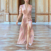 裙子性感开叉缎面长裙女装 法式 轻奢粉色碎花连衣裙深V领气质修身