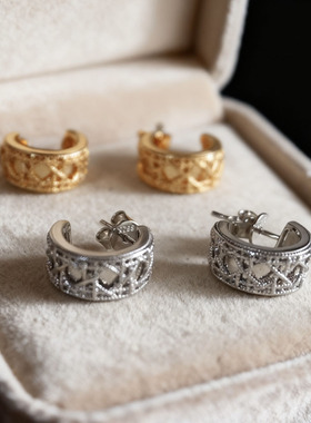 小众轻奢菱格纹半圆形耳圈 S925纯银编织网格耳钉耳环 名媛银饰女