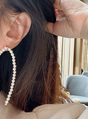 法式复古甜美长短珍珠交叉耳环 925纯银珍珠流苏线条夸张耳环银饰