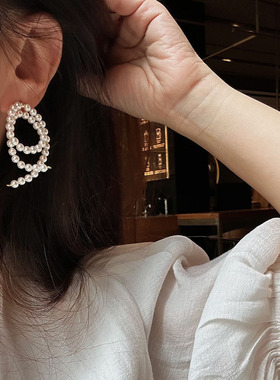 法式优雅仿真珍珠串珠圆圈耳环 925纯银珍珠丝带蝴蝶结夸张耳环女