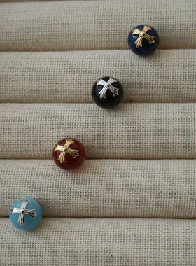 小众朋克玛瑙海蓝宝青金石十字架耳钉 925纯银复古圆球十字架耳环