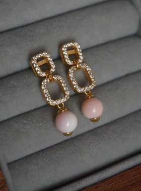 法式气质优雅方形圆球耳环 S925纯银几何大小方块流苏耳钉银饰女