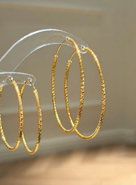 法式复古碎冰冰大圆圈耳环 S925纯银闪亮耳圈 时尚摩登高级感银饰