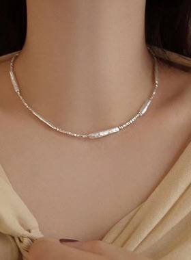 纯银巴洛克珍珠碎银子串珠项链女
