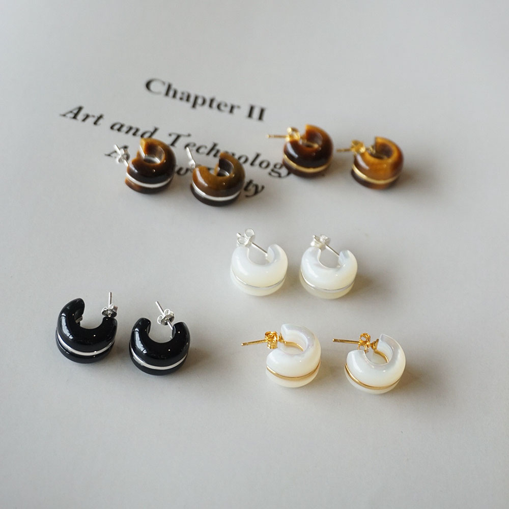 欧美白贝玛瑙虎眼石C形半圆耳环