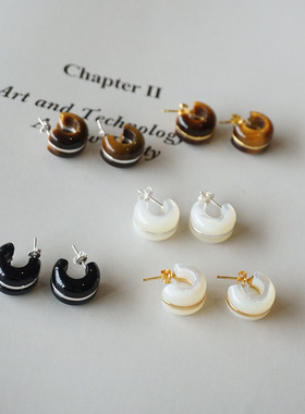 小众高级感天然白贝母黑玛瑙虎眼石半圆形耳环 S925纯银C形耳圈女