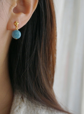 法式复古浪漫四叶草海蓝宝圆球耳环 925纯银甜美清冷感海蓝宝耳饰