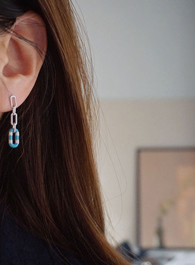 平价小众时尚环环相扣耳环S925纯银椭圆形彩色珐琅流苏耳环银饰女