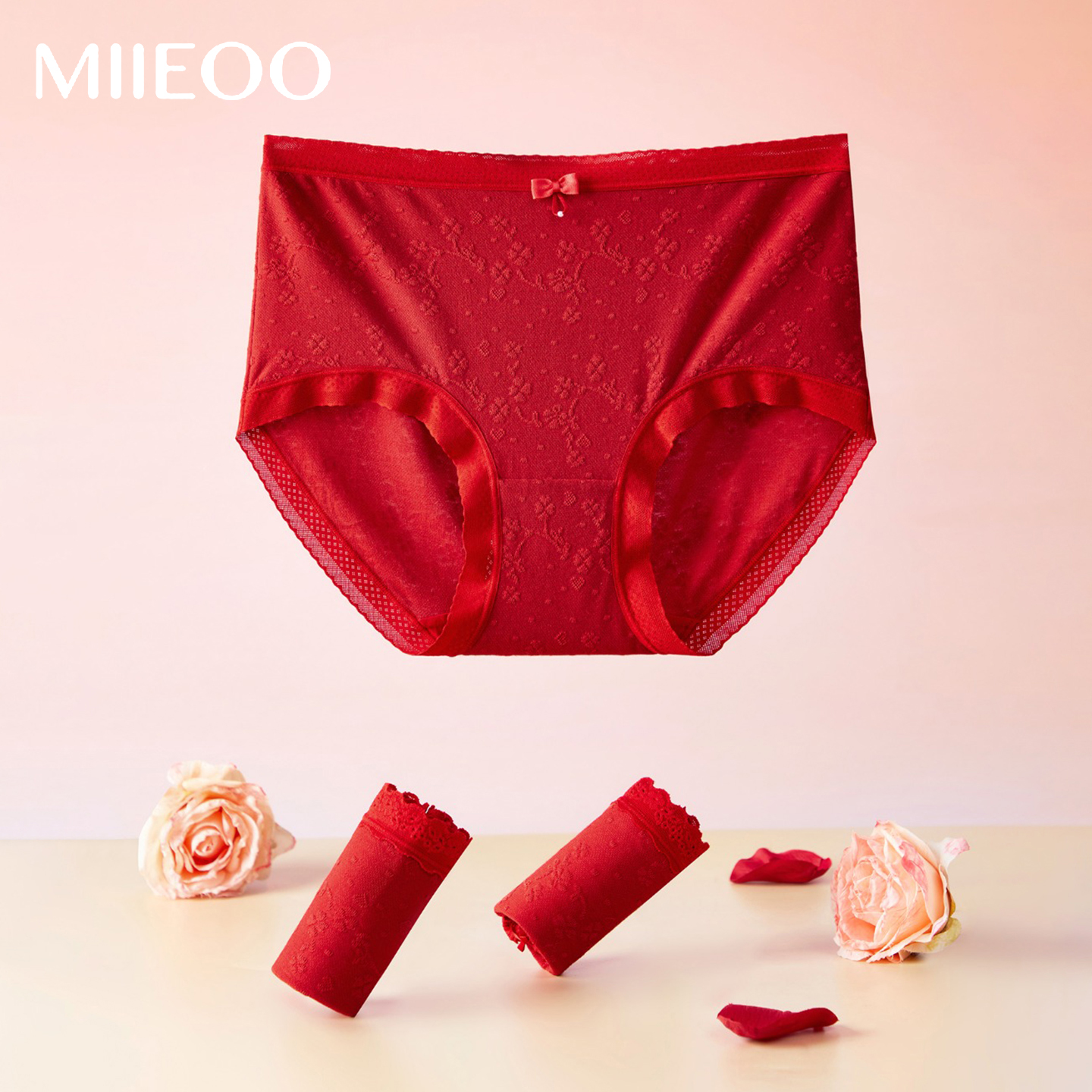 秘语大红色内裤女中高腰大码平角裤本命年结婚喜庆莫代尔提花短裤