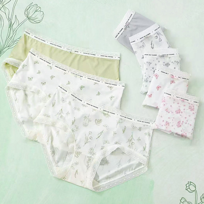 秘语内裤女超薄透气无痕蕾丝边印花短裤抑菌大码中腰少女生三角裤
