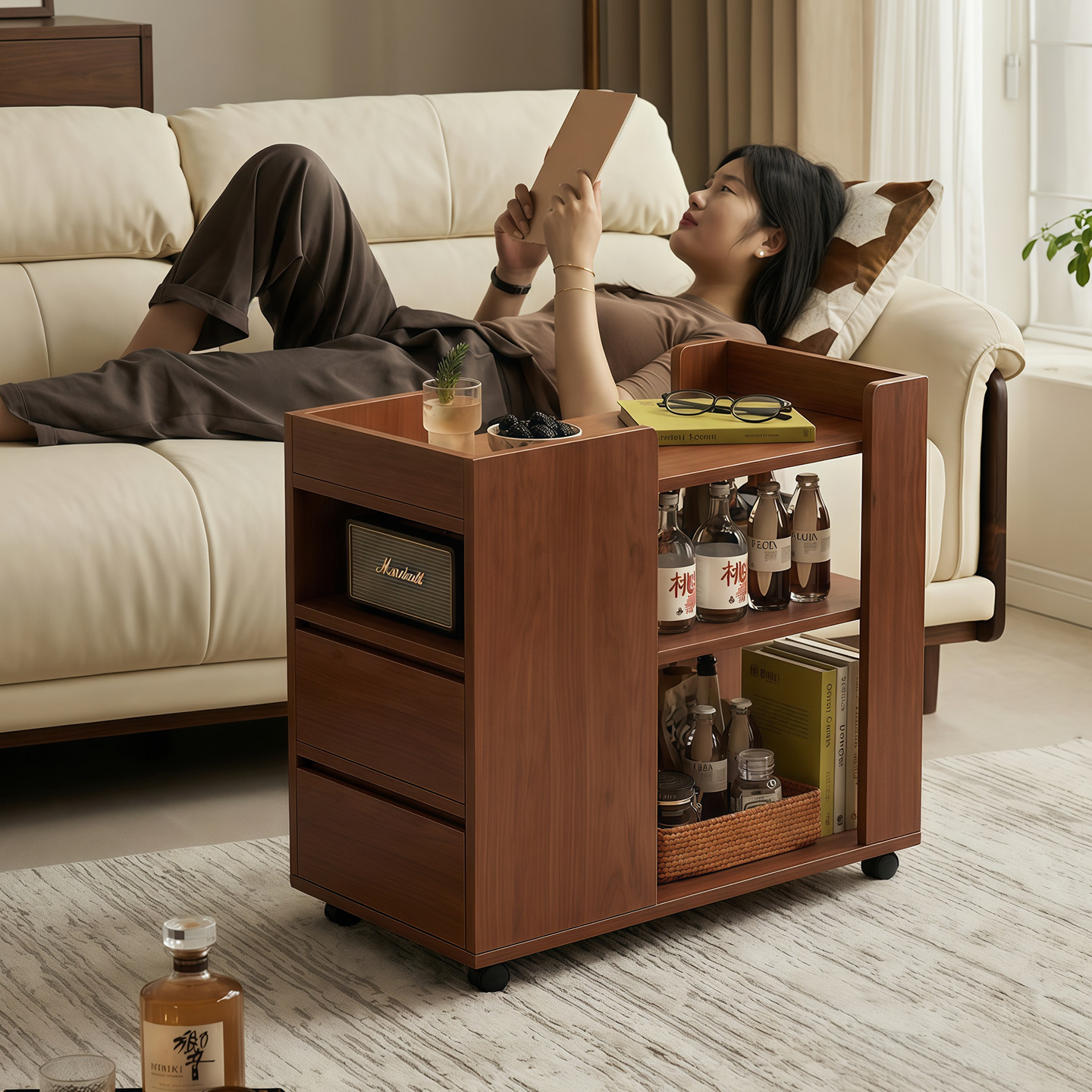 可移动沙发边几侧边柜客厅家用2026新款简约现代带轮小茶几小推车