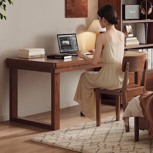去客厅化实木芯书桌卧室电脑桌中古风成人家用办公工作台大板桌子