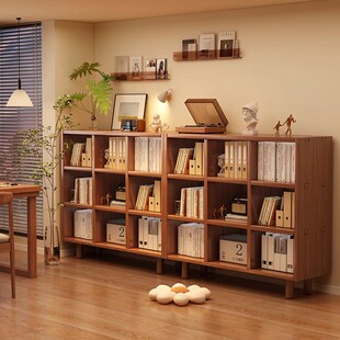 实木书架落地置物架胡桃色格子柜客厅收纳储物柜靠墙矮柜飘窗书柜