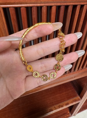 新款沙金手镯女古法传承仿真黄金手镯子纯实心结婚首饰叠戴不掉色