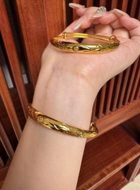 宽版牡丹花沙金手镯仿真黄金实心轮胎复古花朵新中式国风复古镯子