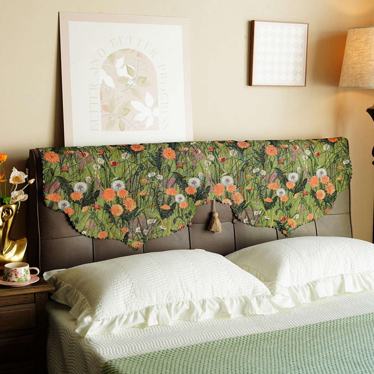 美式田园床头盖布万能通用布艺提花床头套罩新款床头软包遮丑神器