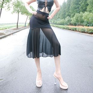 新款性感高腰半身裙无内衬燕尾裙网纱透视长裙包臀A字裙纯欲透明