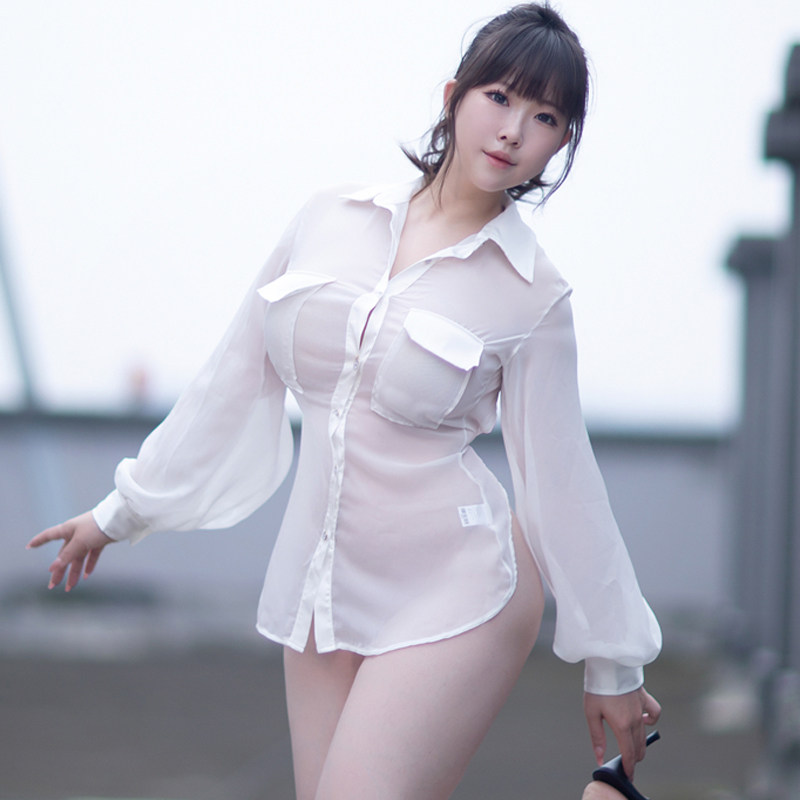 新款性感露背衣服女装超薄透视雪纺长袖防晒衫衬衫少妇修身开衫装