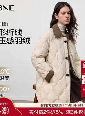 KBNE巴恩风菱形格中长款羽绒服女2025冬季新款显瘦拼接学院风外套