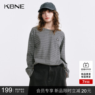 针织打底衫 KBNE圆领条纹纯棉长袖 内搭修身 t恤2025秋季 上衣女 新款