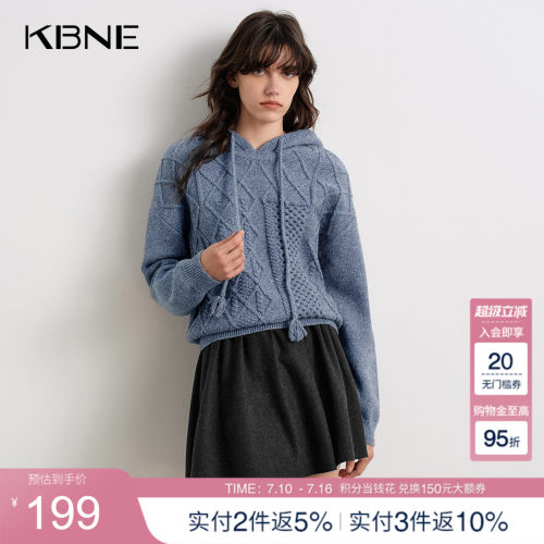 KBNE高级感宽松长袖抽绳连帽针织衫女装2025冬季新款套头针织上衣