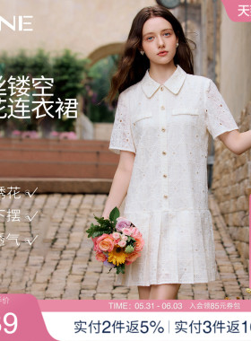 KBNE莱赛尔减龄娃娃领白色连衣裙女2026夏季新款小个子短袖百褶裙