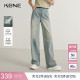 女装 KBNE浅蓝色水洗微喇牛仔裤 气质阔腿裤 春秋新款 复古宽松直筒裤
