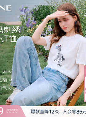 KBNE设计感小马刺绣宽松短袖t恤女2026夏季新款气质亚麻白色上衣