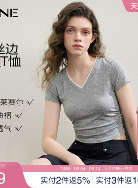 KBNE灰色蕾丝V领针织T恤女褶皱短袖上衣2025夏季新款洋气内搭打底