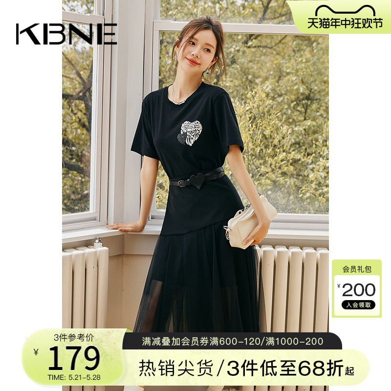 KBNE连衣裙女中长款黑色假两件网纱裙330315127