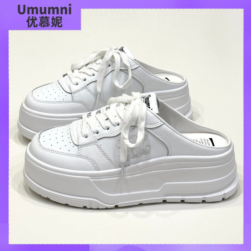 优慕妮配阔腿裤的增高半拖鞋女款外穿真皮厚底轻便松糕包头凉拖鞋