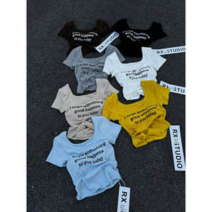 U领字母字母印花短袖T恤女2026夏季新款修身显瘦百搭洋气上衣