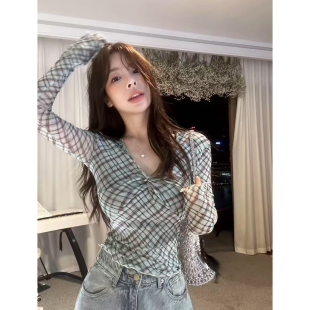 子网纱T恤女时尚 东大门氛围感春季 辣妹风格 修身 V领显瘦上衣潮 新款