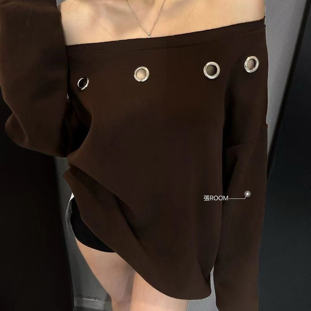 2025早秋季新款纯色一字领露肩宽松休闲长袖卫衣女上衣