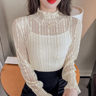 2023秋新款女半高领甜美仙女超仙的上衣洋气内搭打底衫雪纺蕾丝衫
