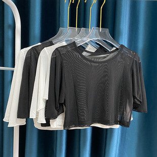 打底罩衫 时尚 短袖 蝙蝠袖 24春夏 百搭超薄透视网纱T恤圆领半截短款